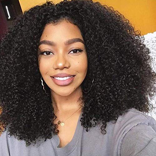 Afro Curly Synthetic Lace Front Wig for Women, Heat Resistant Fiber with Breathable Cap Replacement Wig Swiss, L Shape Right Side Parting Lace Wig, Machine Made Kinky Curly Wigs (18 Inch, 1B)