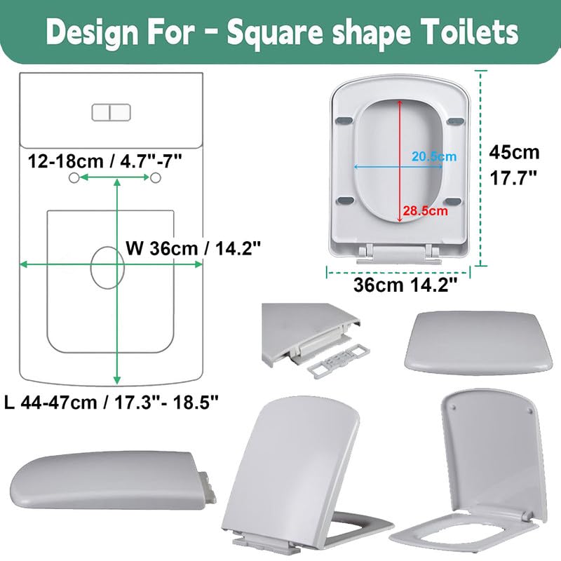 Tavoletta WC Rettangolare, Copriwater quadrata, 36 * 45cm, Sedile WC con Chiusura Ammortizzata Asse WC con Sgancio Rapido a un Pulsante, Bianco