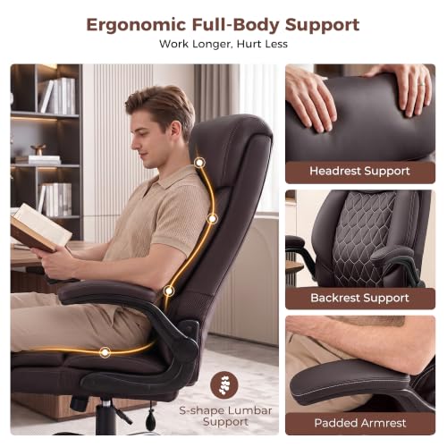Image of Ergonomic Office Chair with Lumbar Support, Executive Leather Computer Desk Chair with Flip Up Arms & Rocking Function, High Back Big and Tall Comfortable Gaming Chair for Home Office