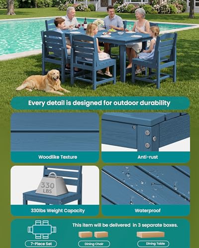 Image of SERWALL 7-Pc HDPE Patio Dining Set, 1 Table & 6 Armless Chairs, Blue | HDPE Outdoor Dining Set with Rectangular Table & 6 Armless Chairs, All-Weather Resistant SERWALL Dining Set for 6