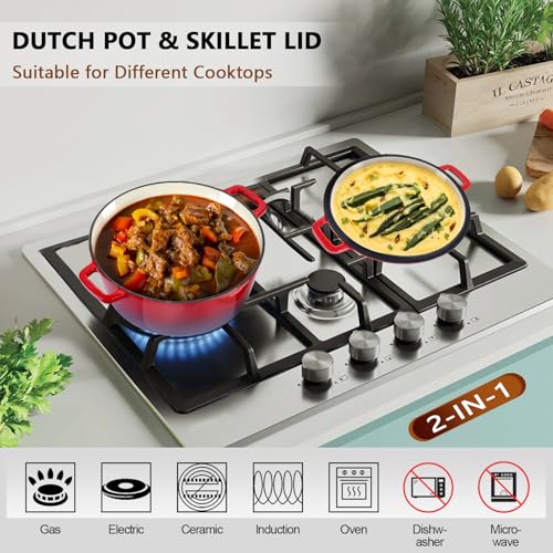 5QT Enameled Dutch Oven, Joyfair 2-in-1 Red Cast Iron Dutch Oven Pot with 2 QT Skillet Lid, Heavy Duty Oven Safe Cookware for Sourdough Bread Baking Braising Stewing Roasting Cooking, Easy Clean