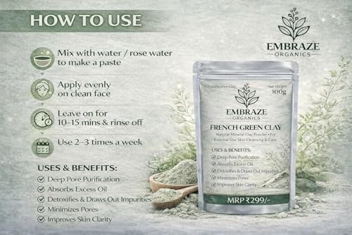 Image of French Green Clay Powder for Skin Care | Natural Mineral Clay Face Pack for Acne, Oil Control & Deep Cleansing | 100g