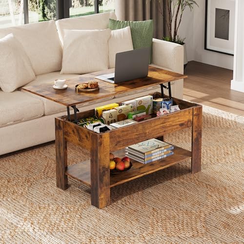 WLIVE Höhenverstellbarer Couchtisch mit Ablage, Wohnzimmertisch Rechteckig mit Offener und versteckter Stauraum, Kaffeetisch für Wohnzimmer, Schlafzimmer (Industriell, Rustikales Braun) – Bild 3