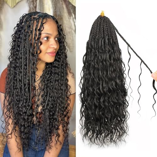 Enbeautiful Boho Crochet Braids Pure Protein Fiber Close to Human Hair 24 Inch Goddess Box Braids with Soft Curls Bohemian Crochet Braid Hair Extensions for Women (24Inch 1b#)