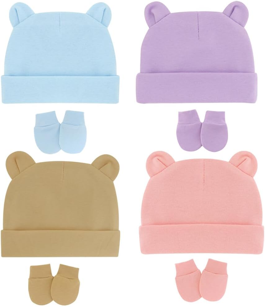 Newborn Cotton Hat,4 Unisex Beanie Hat and Mitten Set Infant Baby Autumn Warm Hat Cute Soft Gloves Toddler Beanies