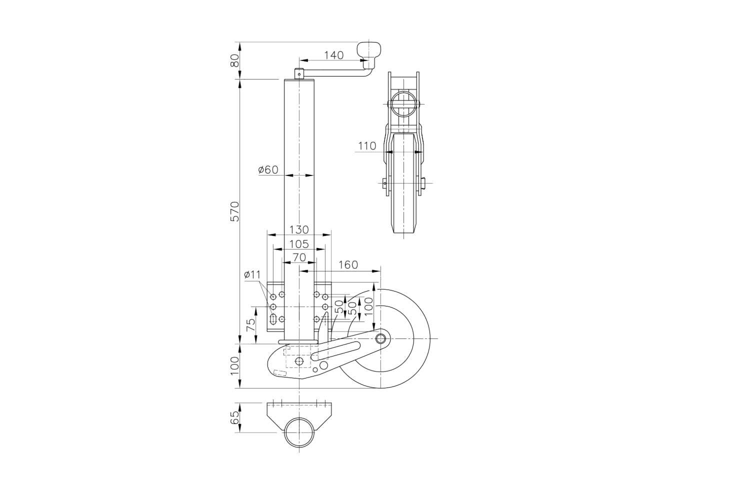 Winterhoff Automatisches Stützrad VK 60-BLH-255 SB, 60 mm, 500 kg | Verzinkter Stahl, Vollgummirad 225x70 mm. Zum Rangieren und Abkuppeln von schweren PKW-Anhängern und Wohnwagen.