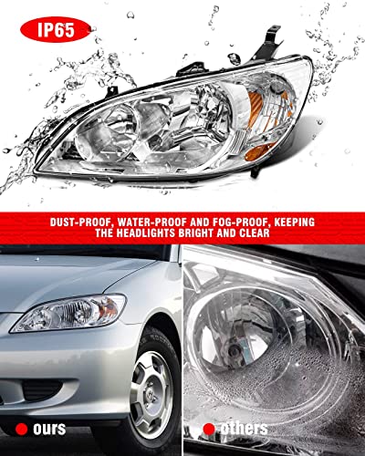 Adcarlights For 2004 2005 Civic Headlight Assembly Compatible With 04 05 Honda Civic 2/4Dr Clear Lens Chrome Housing Amber Reflector Headlamp Replacement Left And Right Pair #TOP2