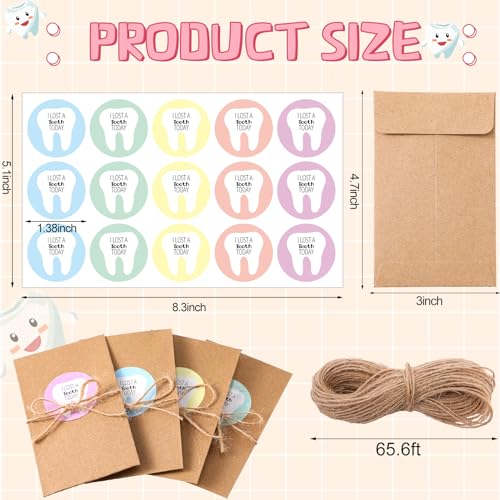 Motiskyy 50 Pcs Lost Tooth Receipt Envelopes Tooth Fairy Envelopes with 50 Pcs Stickers and a Rope for Children Milk Teeth Storage Fairy Bag Classroom Party Supply(Classic Color) - Thumbnail 2
