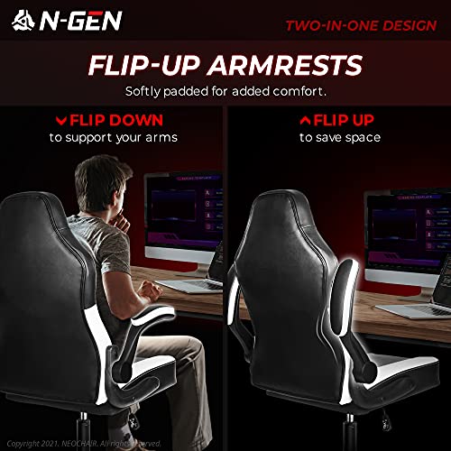 Image of N-GEN Gaming Chair Ergonomic Office Chair PC Desk Chair with Lumbar Support Flip Up Arms Levelled Seat Style Headrest PU Leather Executive High Back Computer Chair for Adults Women Men (4. White)