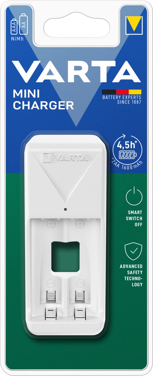 Varta Battery Charger, Battery Charger for Rechargeable Batteries, Charges 2 or 4 AA/AAA Simultaneously, Pocket Charger, Compact Shape, Unequipped, White