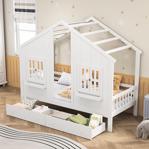 CoziFome Cama infantil de 90 x 200 cm, con protección anticaídas y cajones, madera natural en color blanco, somier de láminas de madera maciza, cama Montessori con espacio de almacenamiento adicional