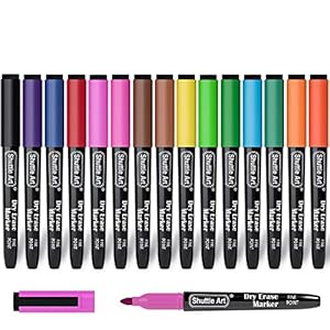 Shuttle Art Whiteboard Markers, 15 Colours Magnetic Whiteboard Pens with Eraser, Fine Point Dry Wipe Markers for Kids…