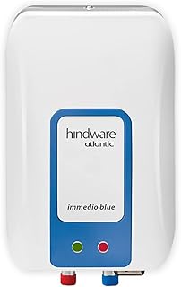 Hindware Atlantic Immedio Blue 3L Instant Water Heater, Stainless Steel Tank, I-Thermostat Feature & Pressure Release Valve (White & Blue), Wall Mounting
