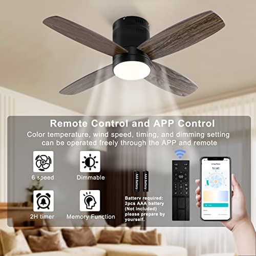 Ohniyou Ceiling Fan With Lights - 38'' Small Low Profile, Remote & App Control - Dimmable Indoor Outdoor Quiet Dc Flush Mount Ceiling Fan For Patio Kitchen Dining Room Bedroom(Black) #TOP6