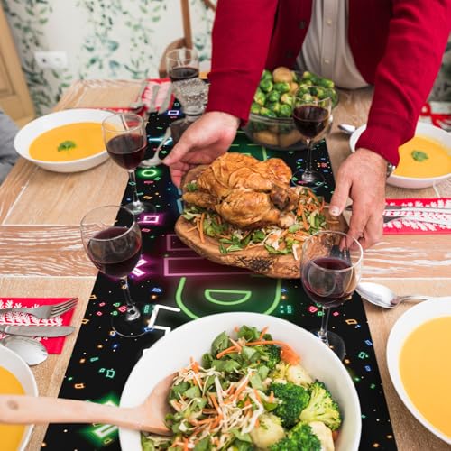 OyeeWen Happy Birthday Tischdecke, Geburtstag Tischläufer Deko, aus Dickem Oxford Stoff, Geburtstagsdeko, Wiederverwendbare Tisch & Party Dekoration für Drinnen & Draußen (Schwarz Neon)