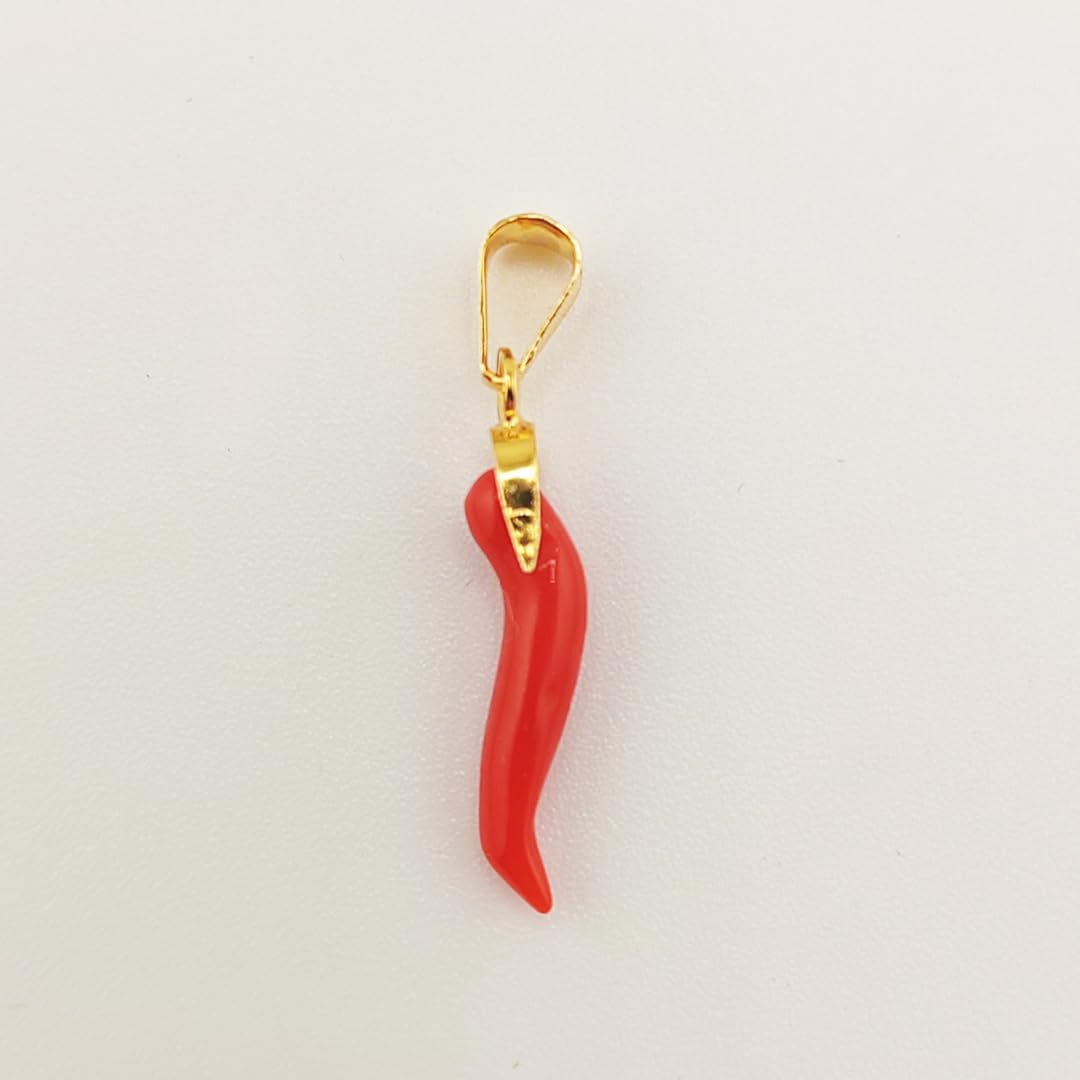 gioiellitaly Ciondolo Cornetto piccolo portafortuna in corallo rosso del Mediterraneo e argento 925 dorato ciondolo uomo donna unisex corallo vero