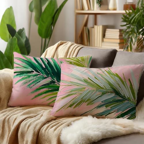 Image of Pink and Green Summer Tropical Coastal Palm Leaf Pillow Cover Decor 12x20,Small Botanical Decorative Lumber Throw Pillow Cover for Beach House Decor Double-Sided Set of 2