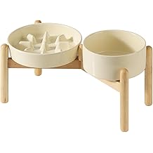 Havniva Ceramic 1.2 Cup Raised Slow Feeder Dog Bowl Set, Elevated 6.1inch Bowl and 7.3inch Slow Pet Food Dish with Wooden Stand for Small and Medium Dog (2 xLight Yellow+ Stand)
