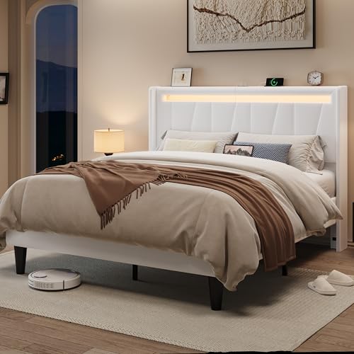 Image of Allewie Full Size LED Bed Frame with Charging Station, Velvet Upholstered Platform Bed with Geometric Wingback Headboard, Modern Frame with No Box Spring Needed, Easy Assembly, White