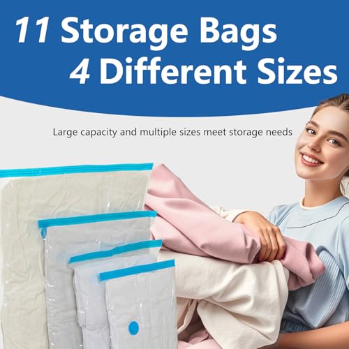 Bolsas de Vacío Ropa con Bomba Eléctrica Portátil, 11 Bolsas de Almacenaje al Vacio (2 extragrandes, 3 grandes, 3 medianas y 3 pequeñas), Reutilizables Sacos Vacuo Para Guardar, Mantas y Edredones