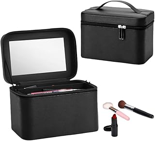 化粧品収納ボックス 化粧鏡付き ポータブルシンプル化粧箱 調節可能な仕切り 防水大容量 旅行用ポータブル化粧箱 ガールフレンドへの誕生日プレゼントに最適 (ブラック)