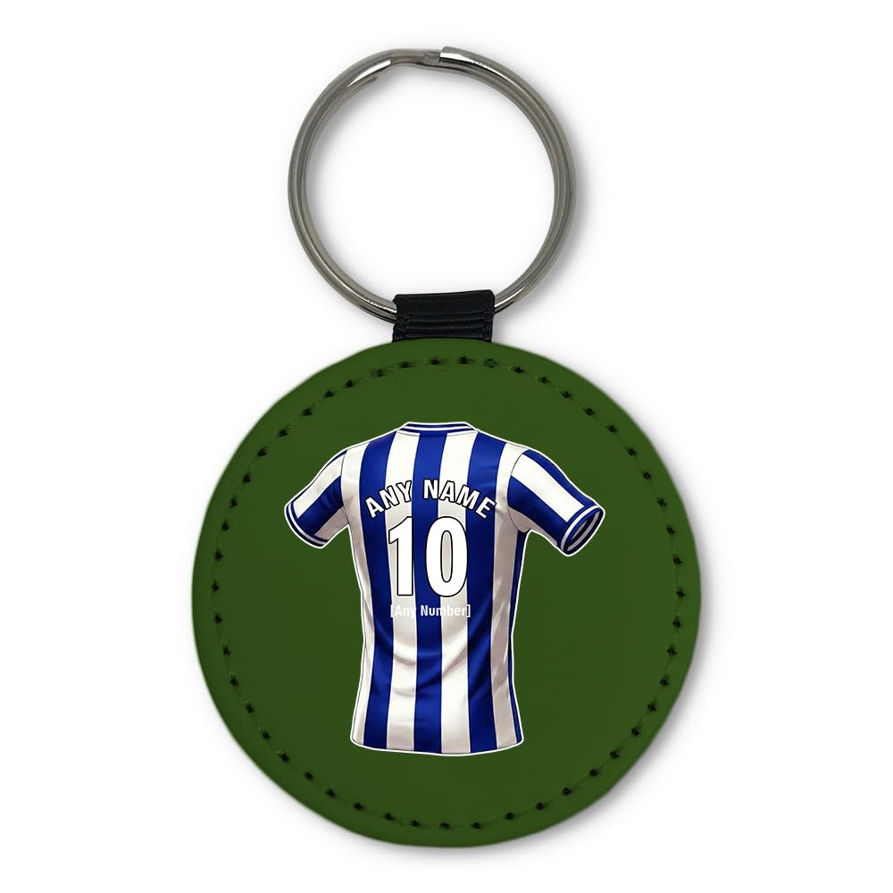 UNIGIFT Personalised Gift - Sheffield Blue Fan Green Round Keyring (Blue and White Stripes Football Jersey Design) Custom Name Keychain - Owlerton S6 Club