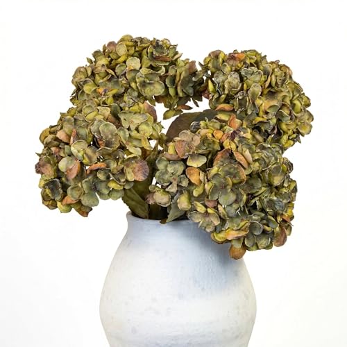VIBILY Fall Artificial Dried Hydrangea Flowers Vintage Green Dried Look Fall Faux Flowers Single Stem (Autumn Green 4pcs)