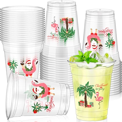 Jingmore 50 Pcs Christmas in July Disposable Plastic Cups Bulk 12 oz July Clear Thick Merry Beachmas Cups Summer Christmas Decorations Hawaiian Themed Party Decorations Holiday for Beer Coffee