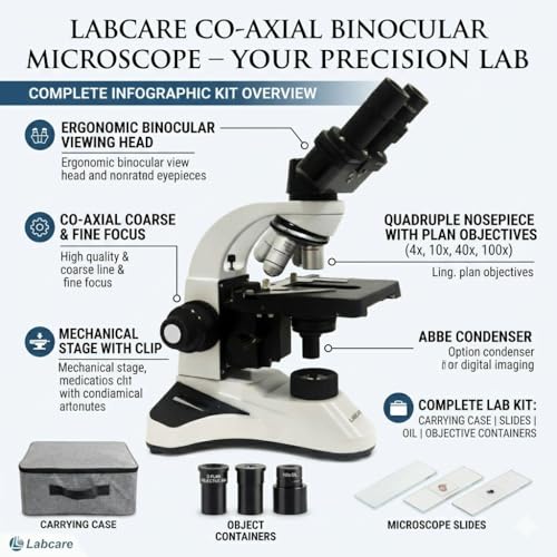Image of LABCARE 1000X Coaxial Binocular Microscope, 4X, 10X, 40X, 100X Oil Immersion Objectives, 45 Inclined Tube, 360 Rotatable, Battery Backup (LB-WEX-10)