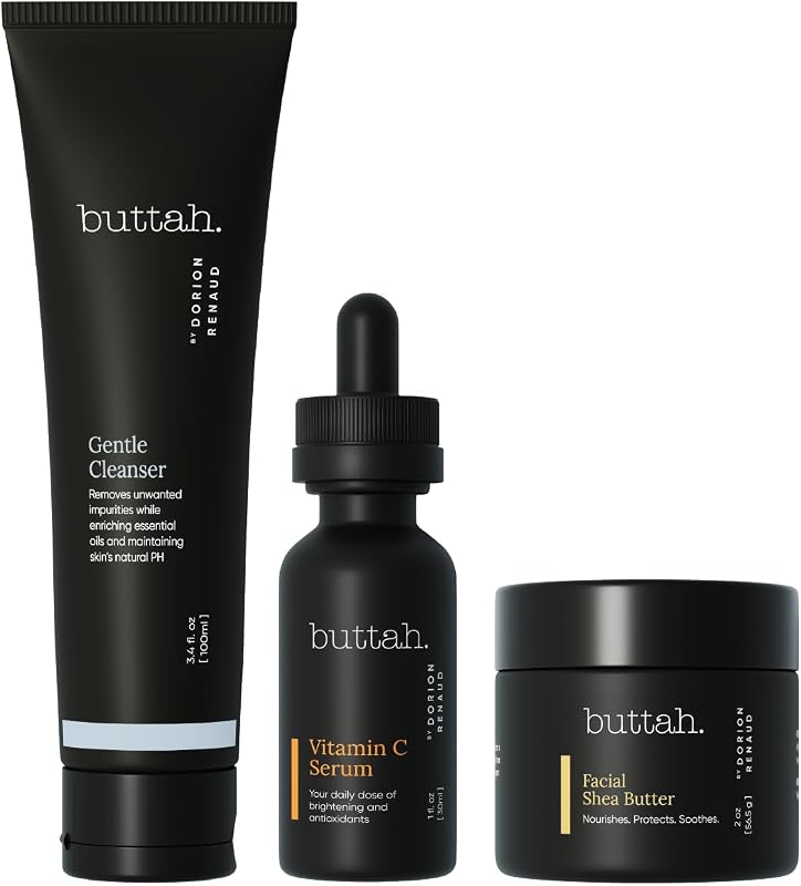 buttah. by Dorion Renaud Kit de Cuidados com a Pele com 3 Peças, Manteiga de Karité, Sérum de Vitamina C 15% e Limpador Facial