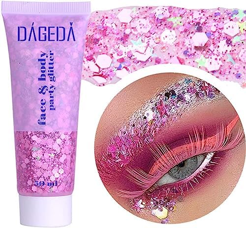 DAGEDA Body Glitter Gel, Face Glitters Body Gel Sequins Shimmer Liquid Eyeshadow, Chunky Glitter for Face Hair Nails, Holographic Cosmetic Laser Powder Festival Glitter Makeup 50ml(Pink)