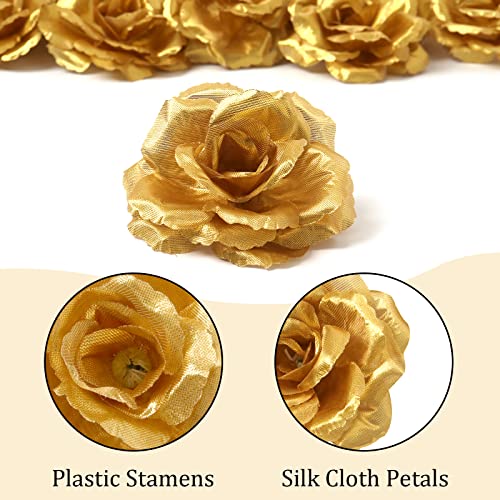 Yzyil 30 Pack Artificial Gold Roses Flowers, Blossom Silk Rose Flower Head,Gold Artificial Silk Rose Flower Heads For Valentine's Day Wedding Party Home Decor #TOP2