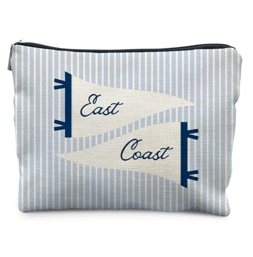 Elpwk East Coast Makeup Bag for Women, Nautical Coastal Striped Cosmetic Bags, Beach Lover Gifts, Blue Summer Beach East Coast Zipper Makeup Pouch for Purse