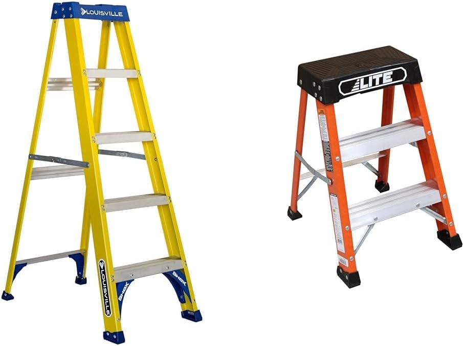 Louisville Ladder FS2005 Fiberglass Step Ladder, 5-Feet/250lb, Yellow & LITE 2' Fiberglass Step Stool Ladder, 300-Pound Capacity, Type IA, LP-3011-02