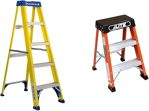 Louisville Ladder FS2005 Fiberglass Step Ladder, 5-Feet/250lb, Yellow & LITE 2 Fiberglass Step Stool Ladder, 300-Pound Capacity, Type IA, LP-3011-02