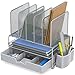 Simple Houseware Mesh Desk Organizer with Sliding Drawer, Double Tray and 5 Upright Sections, Silver