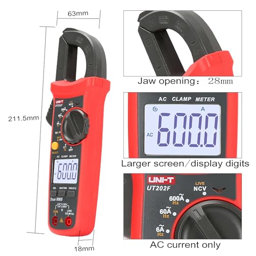 UNI-T UT202F Digital Clamp Meter 6000 Counts Auto Range True RMS Backlight NCV Multimeter, Red - Image 4