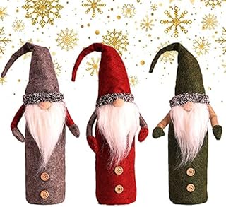 Lindle Christmas Gnomes Wine Bottle Cover, Handmade Swedish Gnomes Wine Bottle Toppers Santa Claus Bottle Bags with Drawstring Gnome Ornaments Christmas Decorations Holiday Home Gift -3 Pack