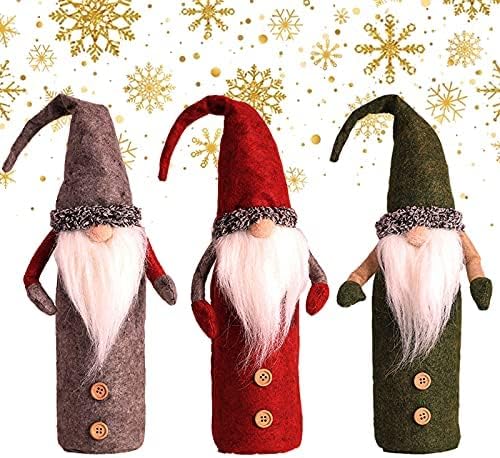 Lindle Christmas Gnomes Wine Bottle Cover, Handmade Swedish Gnomes Wine Bottle Toppers Santa Claus Bottle Bags with Drawstring Gnome Ornaments Christmas Decorations Holiday Home Gift -3 Pack