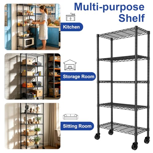 Image of REGILLER 5-Wire Shelving Metal Storage Rack Adjustable Shelves,Standing Storage Shelf Units for Laundry Bathroom Kitchen Pantry Closet(Black,14.1 inch D x 30 inch W x 82 inch H,With Wheels)