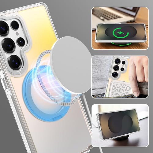 Image of Magnetic for Samsung Galaxy S25 Ultra Case with 360 Stand [Compatible with Magsafe] [Fluorescent Design] [1 Screen Protector] Slim Translucent Matte Case for Galaxy S25 Ultra 6.9 inch, White