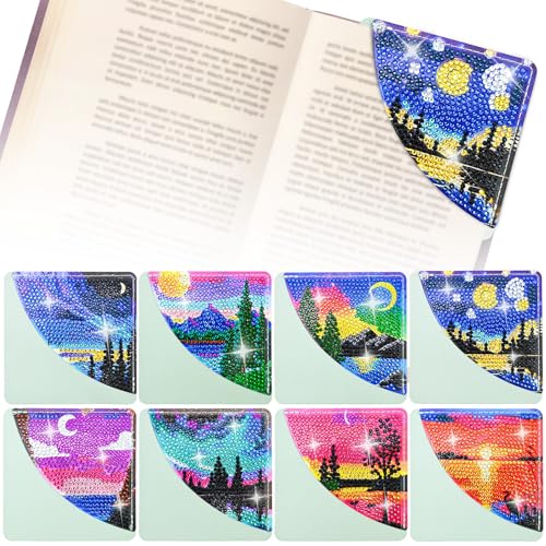 LINGFANG 8 Pcs Diamond Painting Bookmark, DIY Corner Book Makers for Adults Book Lovers, Diamond Dot Art Beginners, Small Diamond Art Kits, Paint by Art Crafts Gift for Women Girls (Moon Sceen