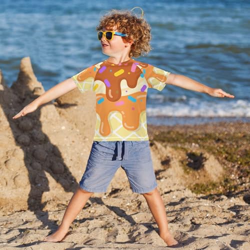 Cute Ice Cream Pattern Bathing Suit Girls Short Sleeves Athletic Shirt Swimwear Beach Tops 3T4