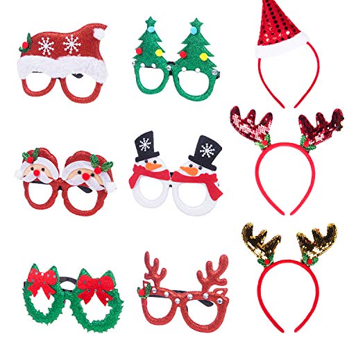 Christmas Headbands and Glasses Frames, Glitter Christmas Accessories Holiday Eyewear Hair Hoop for Christmas Party Favors Decorations Photo Props Gifts for Kids Girls| Antler Santa Hat Christmas Tree