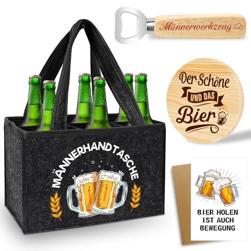 Shining She Männerhandtasche Bier Geschenke für Männer Filz Flaschentasche 6 Flaschen mit Flaschenöffner Untersetzer Holz Grußkarten Personalisierte Männertag Geschenke Vatertagsgeschenk Bier