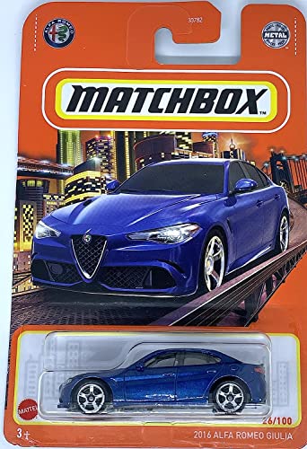Matchbox 2022 - 2016 Alfa Romeo Giulia - Blue - 26/100, 6.3 inches (L) x 4.33 inches (W) x 2.36 inches (H)