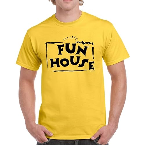 Image of BESTITALIANUK 90s Fun House Style T-Shirt – Retro TV Fancy Dress Costume Top | Throwback Party Outfit | Men Women Unisex Yellow