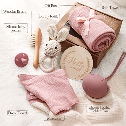Baby Gift Set For Newborn,New Baby Bath Gift Set,7 Pcs Baby Essentials Shower Set With Bath Towel+Teether+Rattle Toy+Pacifier Bag+Drool Towel+Brush+Wooden Milestone For Boy & Girls(Pink) #TOP2