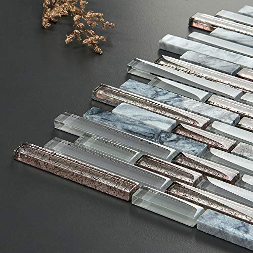 Simple Tile - 5 Sheets Glass And Stone Mosaic Tile For Kitchen Backsplash, Bathroom Shower Wall, Etc, "Horizon Collection", Mixed Strips, 12"X12"X5/16" (Set Of 5 Sheets, Gm 3105 - Milky Way) #TOP1