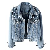 BVNTBZC Women Pearl Denim Jacket Embroidered Beading Jeans Coat (US, Alpha, Medium, Regular, Regular, Light Blue)
